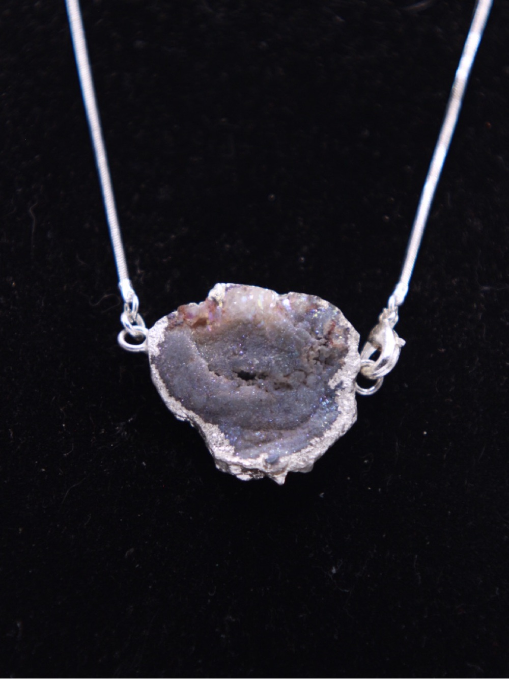 Silver-Tone Gray Druzy Pendant Necklace 24”